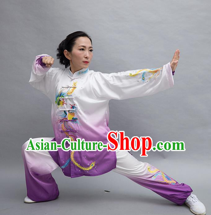 Chinese Tai Chi Performance Garment Costume Kung Fu Competition Suits Martial Arts Embroidered Phoenix Purple Outfits