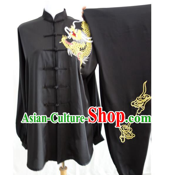 China Wushu Training Uniforms Martial Arts Clothing Tai Ji Performance Embroidered Dragon Black Suits Tai Chi Garment Costumes