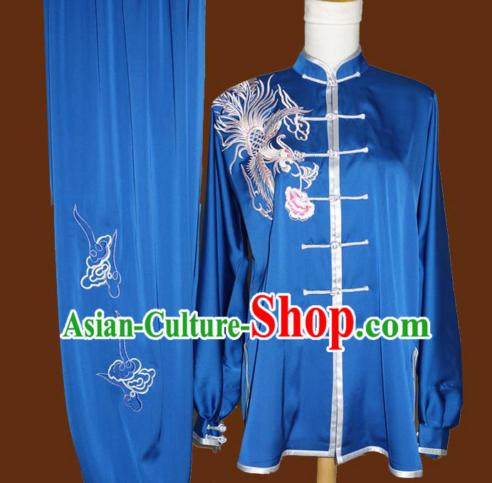 Chinese Kung Fu Wing Chun Competition Suits Martial Arts Embroidered Phoenix Royalblue Outfits Tai Chi Performance Garment Costume