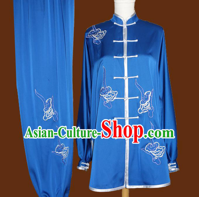 China Wushu Kung Fu Royalblue Uniforms Tai Chi Garment Costumes Martial Arts Embroidered Cloud Clothing Nanquan Boxing Training Suits