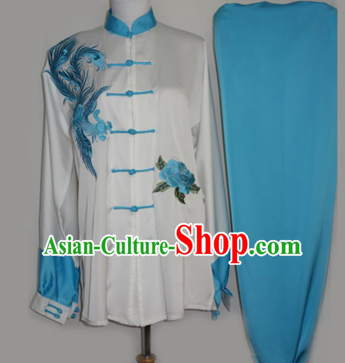 Chinese Kung Fu Tai Ji Competition Suits Martial Arts Embroidered Phoenix Blue Outfits Tai Chi Garment Costume
