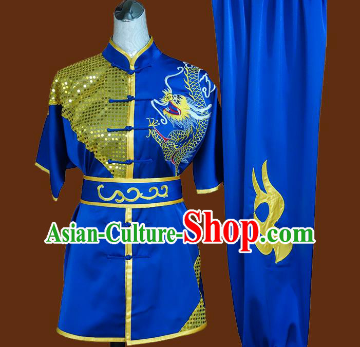 China Kung Fu Uniforms Wushu Kongfu Sequins Garment Costumes Martial Arts Embroidered Dragon Clothing Nanquan Boxing Training Royalblue Suits