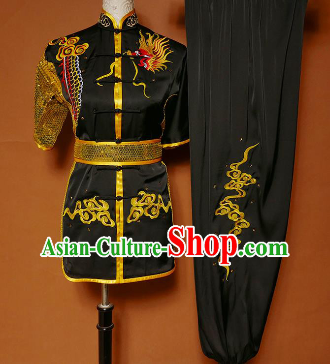 China Kung Fu Competition Uniforms Wushu Kongfu Sequins Garment Costumes Nanquan Boxing Training Black Suits