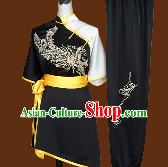 Chinese Martial Arts Embroidered Phoenix Black Outfits Wushu Competition Garment Costume Kung Fu Tai Chi Performance Suits
