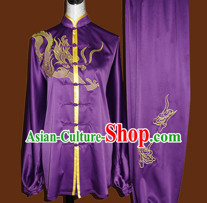 China Kung Fu Competition Purple Uniforms Tai Chi Garment Costumes Tai Ji Chuan Training Embroidered Dragon Suits