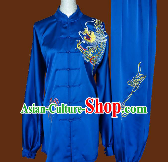China Kung Fu Competition Blue Uniforms Tai Chi Group Performance Garment Costumes Wu Shu Embroidered Dragon Suits
