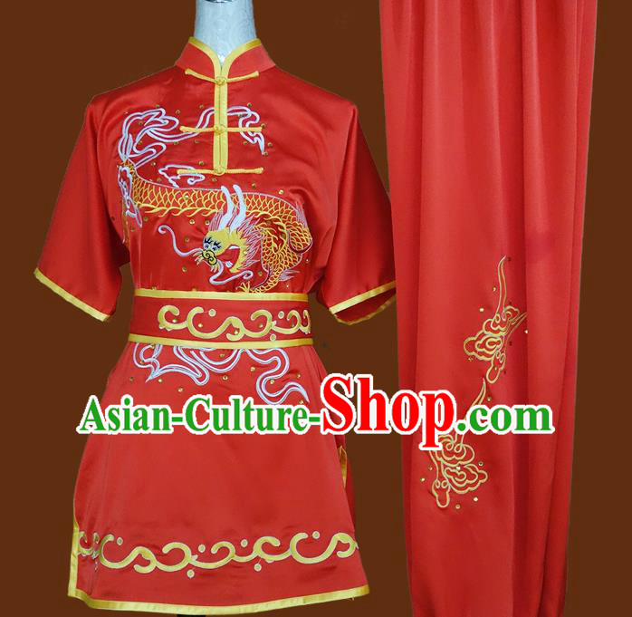 China Martial Arts Performance Garment Costumes Wu Shu Embroidered Dragon Red Suits Kung Fu Competition Uniforms