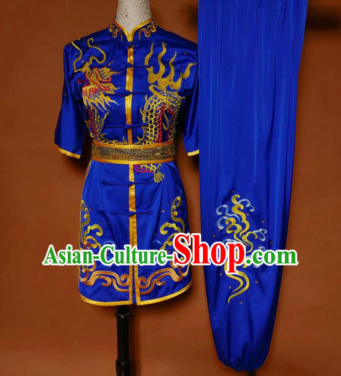 China Martial Arts Embroidered Dragon Garment Costumes Wu Shu Chang Boxing Suits Kung Fu Competition Royalblue Uniforms