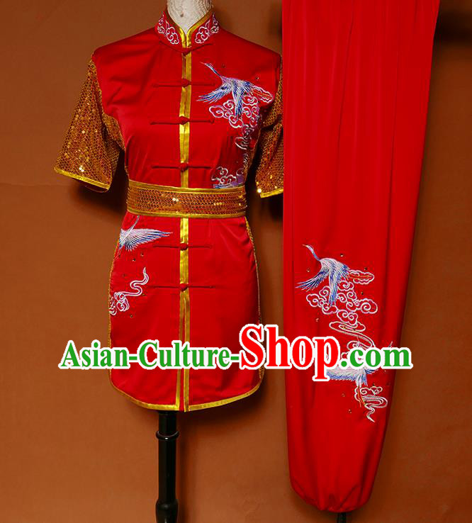 China Wu Shu Chang Boxing Embroidered Red Suits Kung Fu Uniforms Martial Arts Competition Garment Costumes