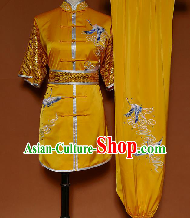 China Martial Arts Competition Garment Costumes Wu Shu Chang Boxing Embroidered Cranes Suits Kung Fu Yellow Uniforms