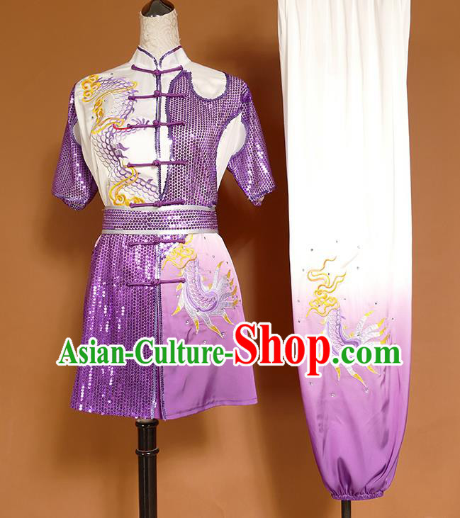 China Kung Fu Competition Purple Uniforms Martial Arts Garment Costumes Wu Shu Chang Boxing Embroidered Dragon Suits