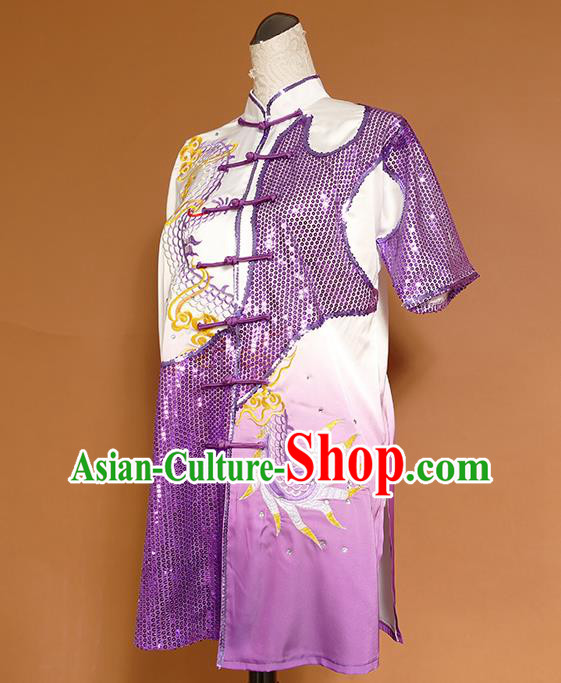 China Kung Fu Competition Purple Uniforms Martial Arts Garment Costumes Wu Shu Chang Boxing Embroidered Dragon Suits