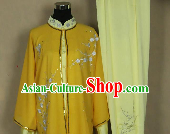 China Kung Fu Performance Yellow Outfits Wushu Martial Arts Competition Suits Tai Chi Sword Training Embroidered Plum Clothing