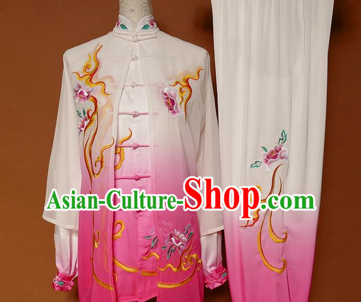 China Tai Chi Training Embroidered Peony Clothing Kung Fu Performance Rosy Outfits Martial Arts Tai Ji Competition Suits