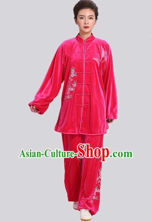 Chinese Kung Fu Tai Ji Training Clothing Tai Chi Competition Rosy Velvet Suits Martial Arts Embroidered Outfits
