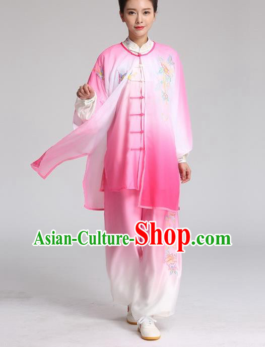 China Tai Chi Training Embroidered Clothing Kung Fu Performance Rosy Outfits Martial Arts Tai Ji Competition Suits