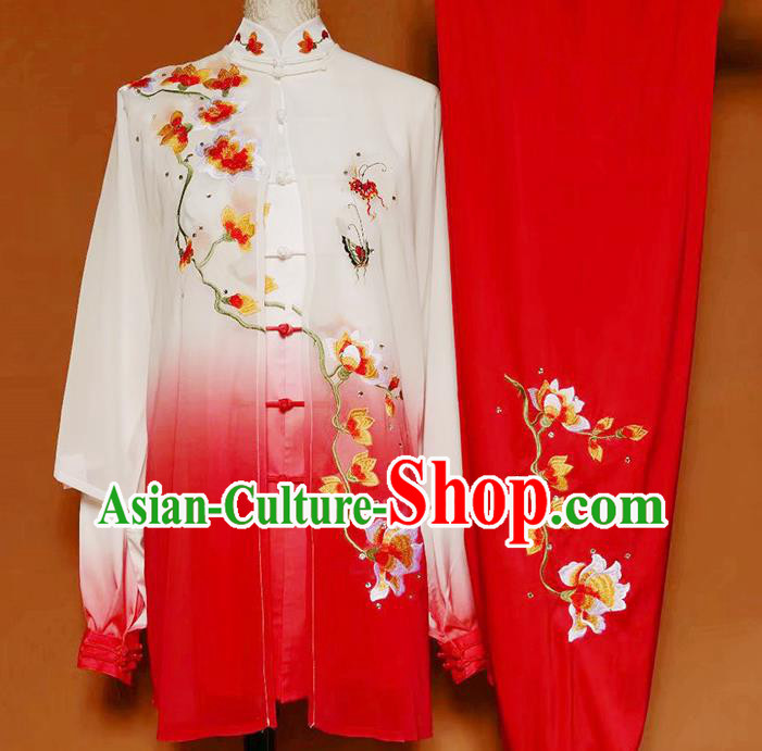 Chinese Tai Ji Training Clothing Tai Chi Kung Fu Red Suits Martial Arts Competition Embroidered Mangnolia Outfits