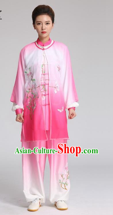 China Tai Chi Training Embroidered Clothing Kung Fu Performance Outfits Martial Arts Tai Ji Competition Pink Suits