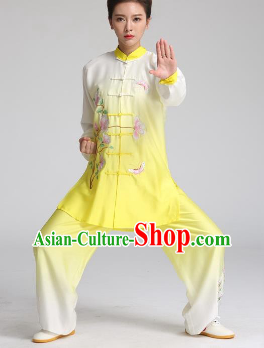 China Martial Arts Tai Ji Performance Yellow Suits Tai Chi Training Embroidered Mangnolia Butterfly Clothing Kung Fu Competition Outfits