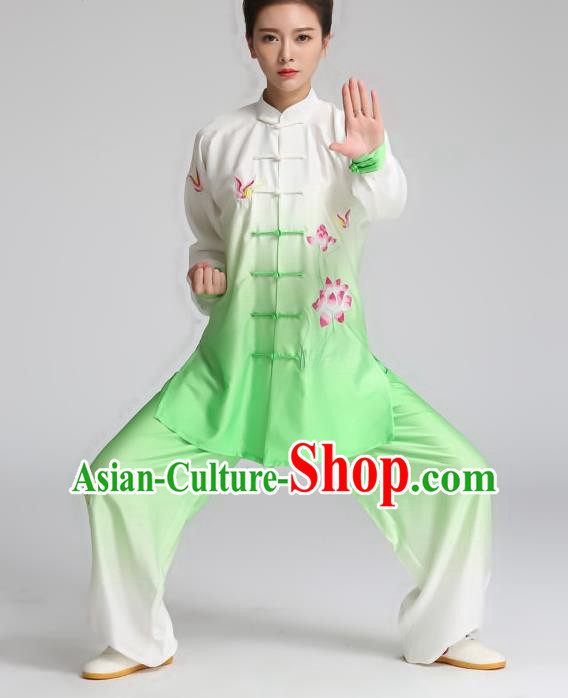 China Kung Fu Competition Outfits Tai Ji Training Embroidered Lotus Green Suits Tai Chi Martial Arts Clothing