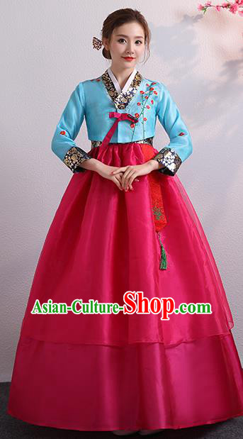 Korea Ancient Court Garment Costumes Korean Palace Princess Embroidered Blue Blouse and Rosy Dress Traditional Wedding Outfits Asian Bride Dress