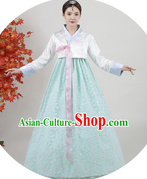 Asian Korea Ancient Bride Garment Costumes Korean Court Hanbok White Blouse and Green Dress Classical Dance Outfits Traditional Wedding Dress