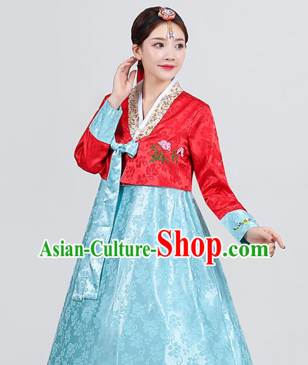 Asian Traditional Wedding Hanbok Uniforms Korea Dance Clothing Korean Ancient Court Garment Costumes Embroidered Red Blouse and Blue Dress