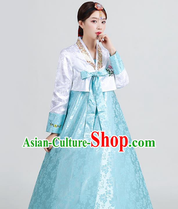 Asian Korea Traditional Wedding Hanbok Uniforms Dance Clothing Korean Ancient Court Garment Costumes Embroidered White Blouse and Blue Dress