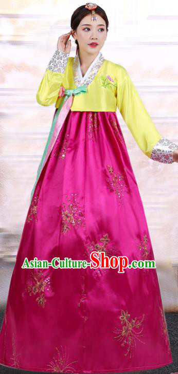 Asian Korea Ancient Court Dance Clothing Embroidered Yellow Blouse and Rosy Dress Korean Traditional Hanbok Uniforms