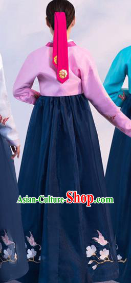 Korea Traditional Hanbok Uniforms Asian Korean Ancient Court Dance Clothing Embroidered Pink Blouse and Navy Dress