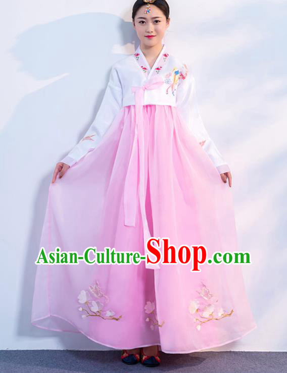 Korea Traditional Embroidered White Blouse and Pink Dress Asian Korean Hanbok Uniforms Ancient Court Dance Clothing
