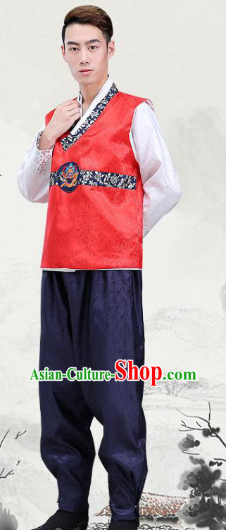 Korea Court Clothing Korean Prince Red Vest White Shirt and Navy Pants Costumes Traditional Male Wedding Hanbok Suits