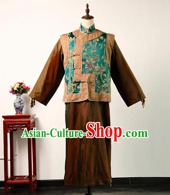 Chinese Qing Dynasty Landlord Clothing Ancient Shopkeeper Uniform Drama Teahouse Elderly Male Green Mandarin Jacket and Ginger Robe