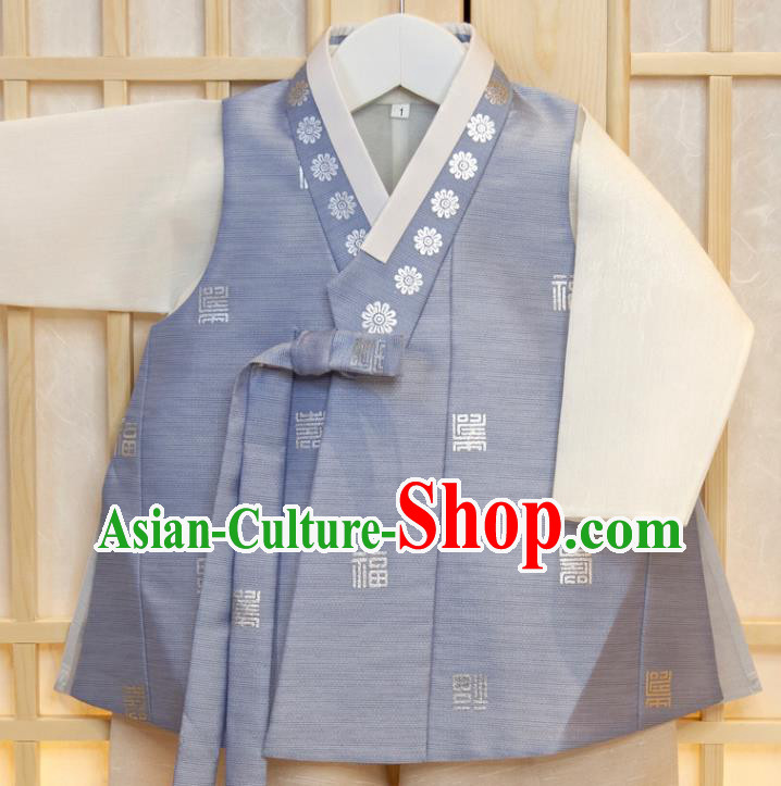Korean Children Garment Costumes Boys Prince Birthday Hanbok Korea Traditional Fashion Clothing Blue Vest White Shirt and Beige Pants