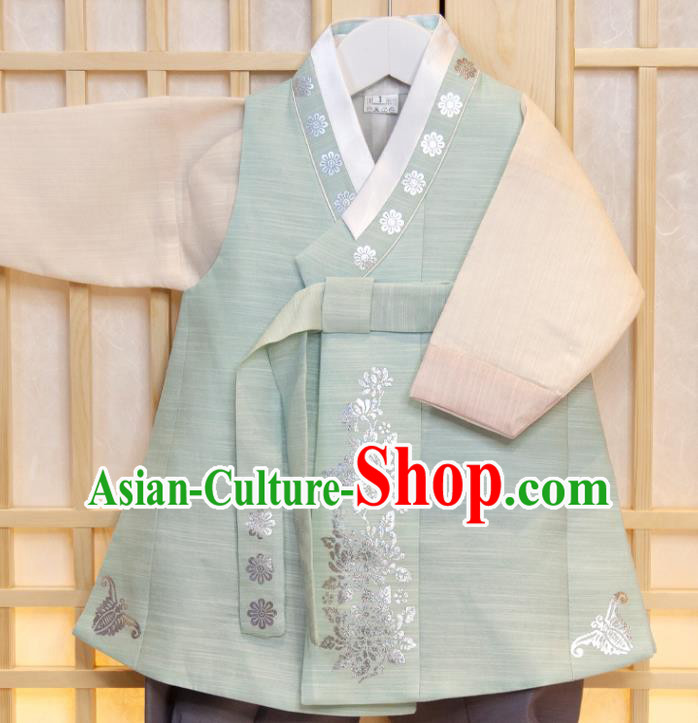 Korea Traditional Fashion Clothing Korean Children Garment Green Vest Beige Shirt and Grey Pants Boys Prince Birthday Hanbok Costumes