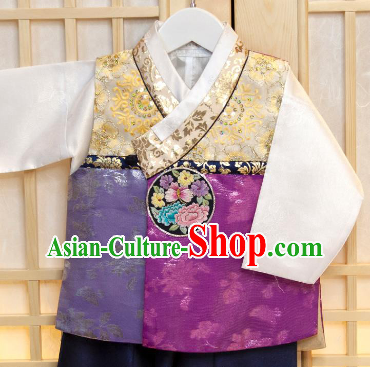 Korean Traditional Fashion Clothing Korea Children Garment Purple Vest White Shirt and Navy Pants Boys Prince Birthday Hanbok Costumes