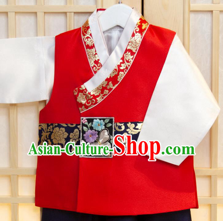 Korean Boys Prince Birthday Hanbok Costumes Traditional Fashion Clothing Korea Children Garment Red Vest White Shirt and Navy Pants