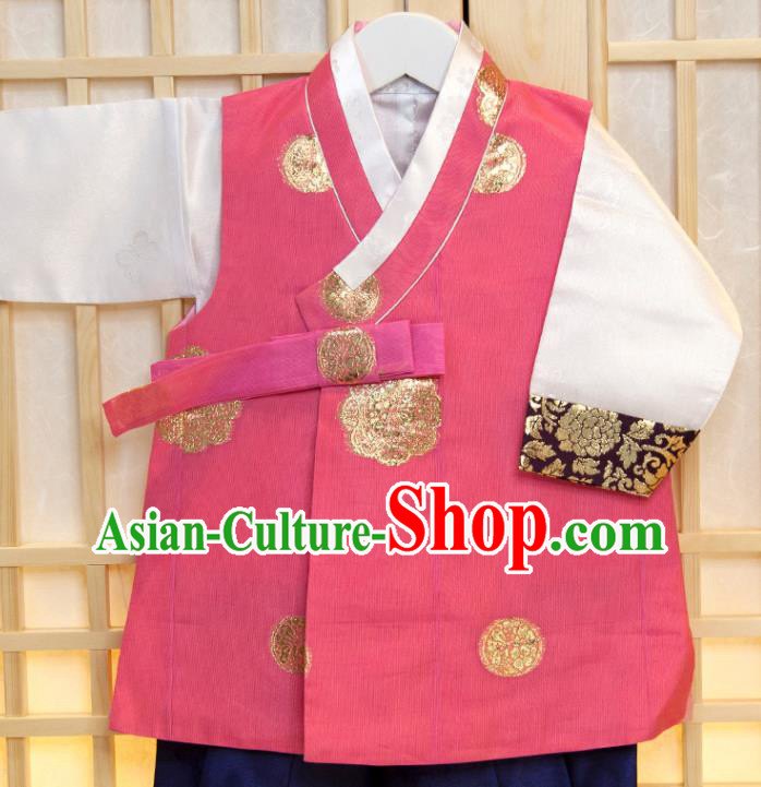 Korea Traditional Fashion Clothing Children Garment Pink Vest White Shirt and Navy Pants Korean Boys Prince Birthday Hanbok Costumes