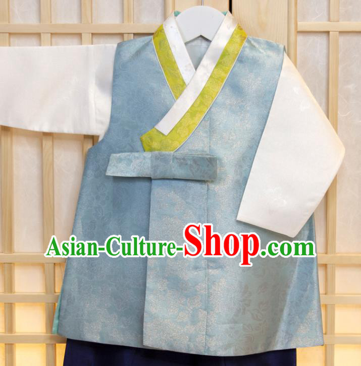 Korea Traditional Fashion Clothing Korean Children Garment Blue Vest White Shirt and Navy Pants Boys Prince Birthday Hanbok Costumes