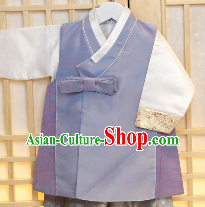 Korean Children Garment Lilac Vest White Shirt and Grey Pants Korea Boys Prince Birthday Hanbok Costumes Traditional Fashion Clothing