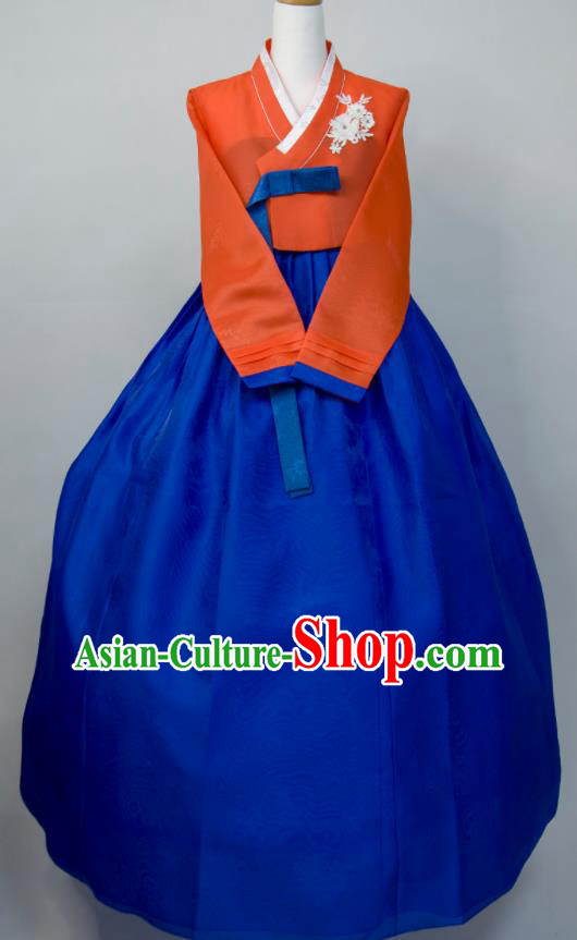 Korean Wedding Bride Fashion Costumes Traditional Festival Celebration Clothing Court Hanbok Orange Blouse and Royalblue Dress