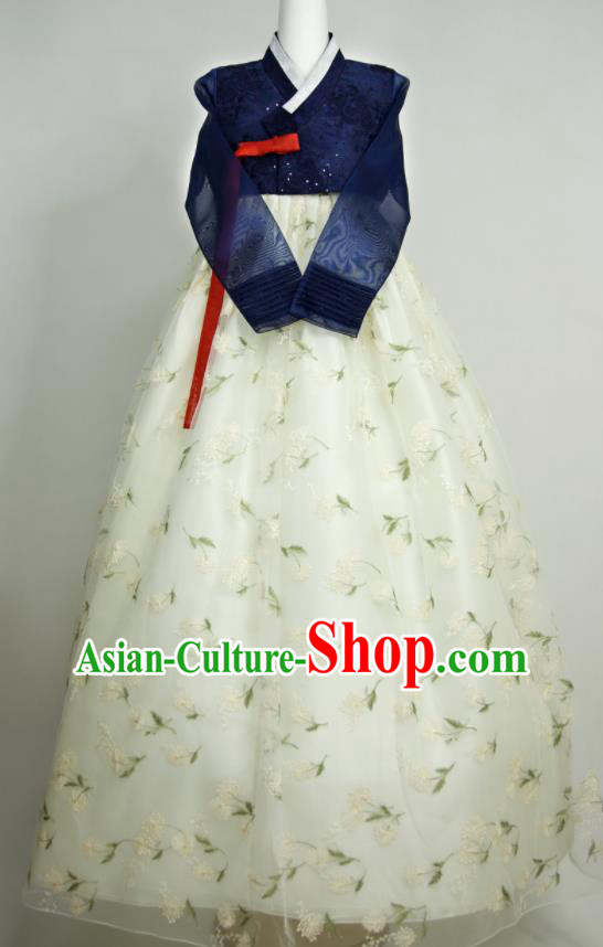 Korean Traditional Classical Dance Clothing Court Hanbok Navy Blouse and Beige Dress Festival Celebration Fashion Costumes