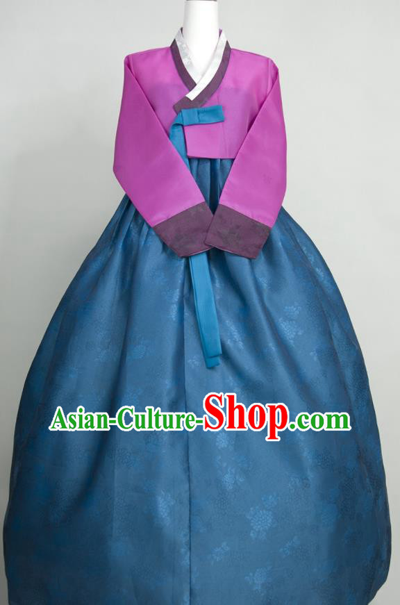 Korean Court Hanbok Purple Blouse and Blue Dress Classical Bride Fashion Costumes Traditional Wedding Celebration Clothing