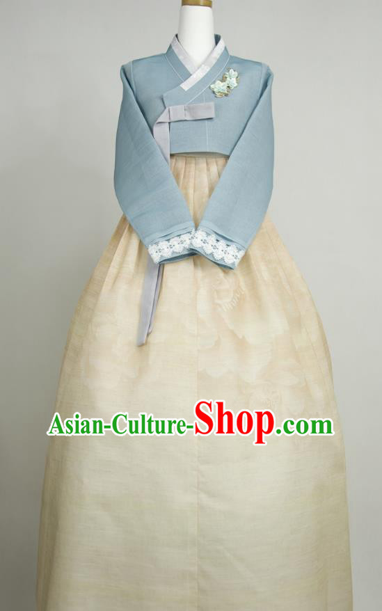 Korea Bride Fashion Costumes Traditional Wedding Celebration Clothing Korean Classical Hanbok Blue Blouse and Beige Dress