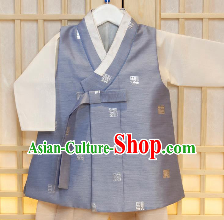 Korea Hanbok Clothing Boys Prince Fashion Korean Children Festival Blue Vest Beige Shirt and Khaki Pants Traditional Garment Costumes