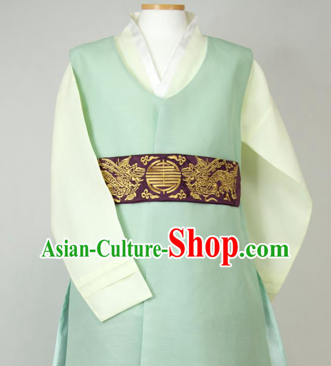 Korean Traditional Costumes Korea Classical Wedding Bridegroom Clothing Young Male Hanbok Green Long Vest Beige Shirt and Grey Pants