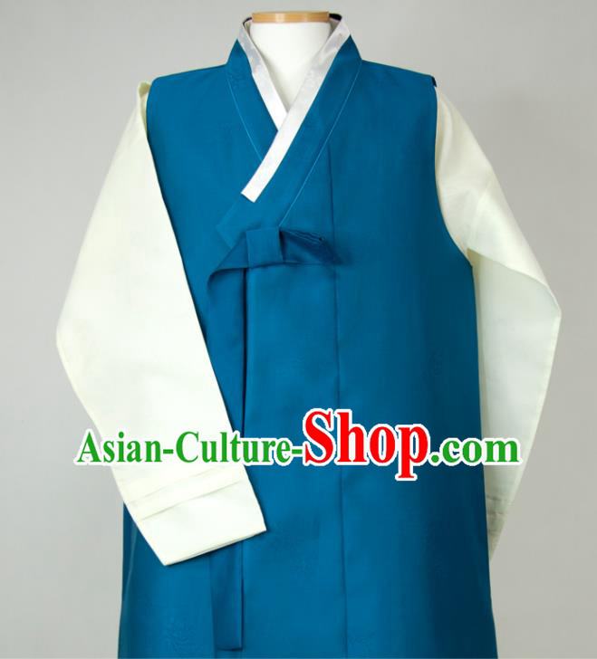 Korea Young Male Blue Long Vest White Shirt and Grey Pants Traditional Costumes Classical Wedding Bridegroom Clothing Korean Hanbok