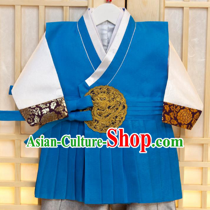 Korea Boys Prince Birthday Fashion Children Blue Vest White Shirt and Grey Pants Traditional Garment Costumes Korean Hanbok Clothing