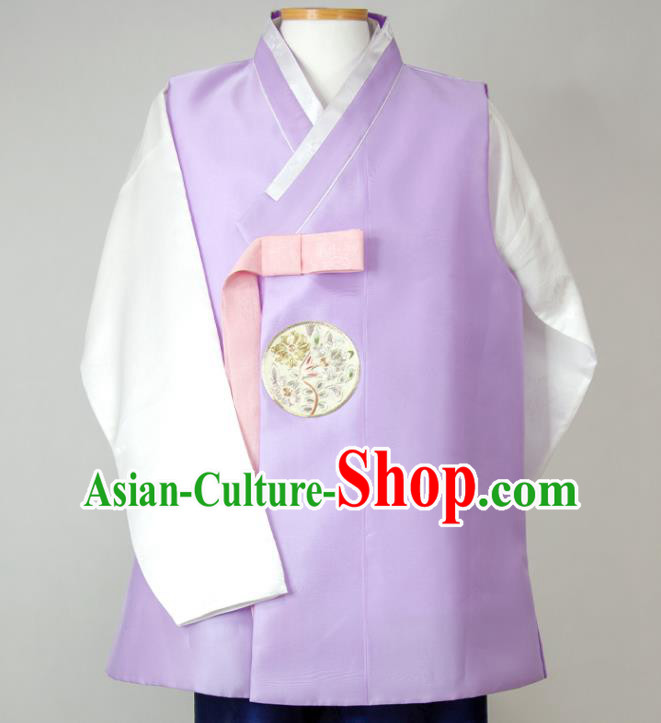 Korea Bridegroom Clothing Korean Wedding Hanbok Young Man Lilac Vest White Shirt and Navy Pants Traditional Festival Costumes