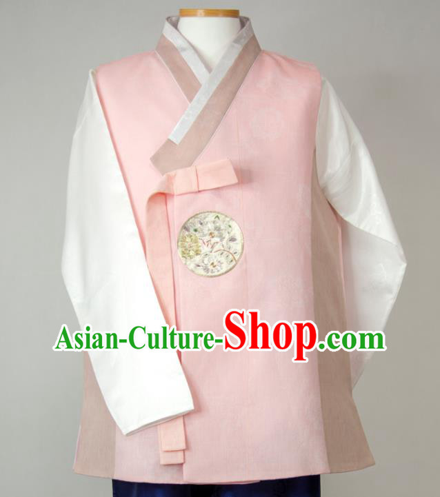 Korean Wedding Hanbok Korea Young Man Pink Vest White Shirt and Navy Pants Traditional Festival Costumes Bridegroom Clothing